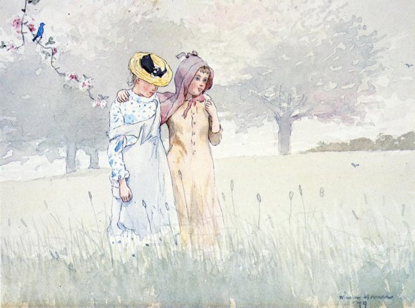 Girls Strolling in an Orchard